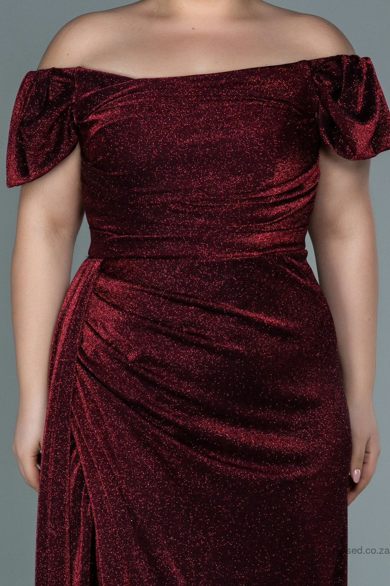 30028 Burgundy Off-Shoulder Draped Shimmer Slit Dress