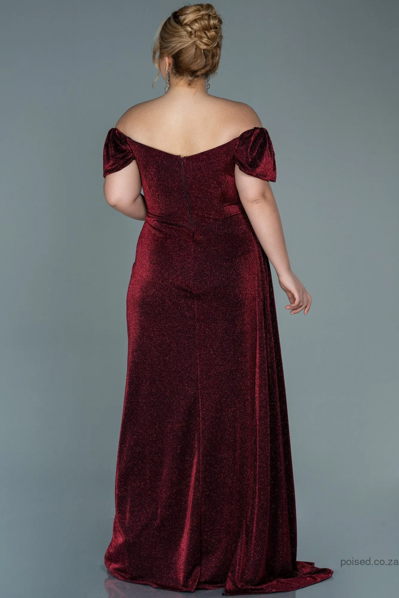 30028 Burgundy Off-Shoulder Draped Shimmer Slit Dress