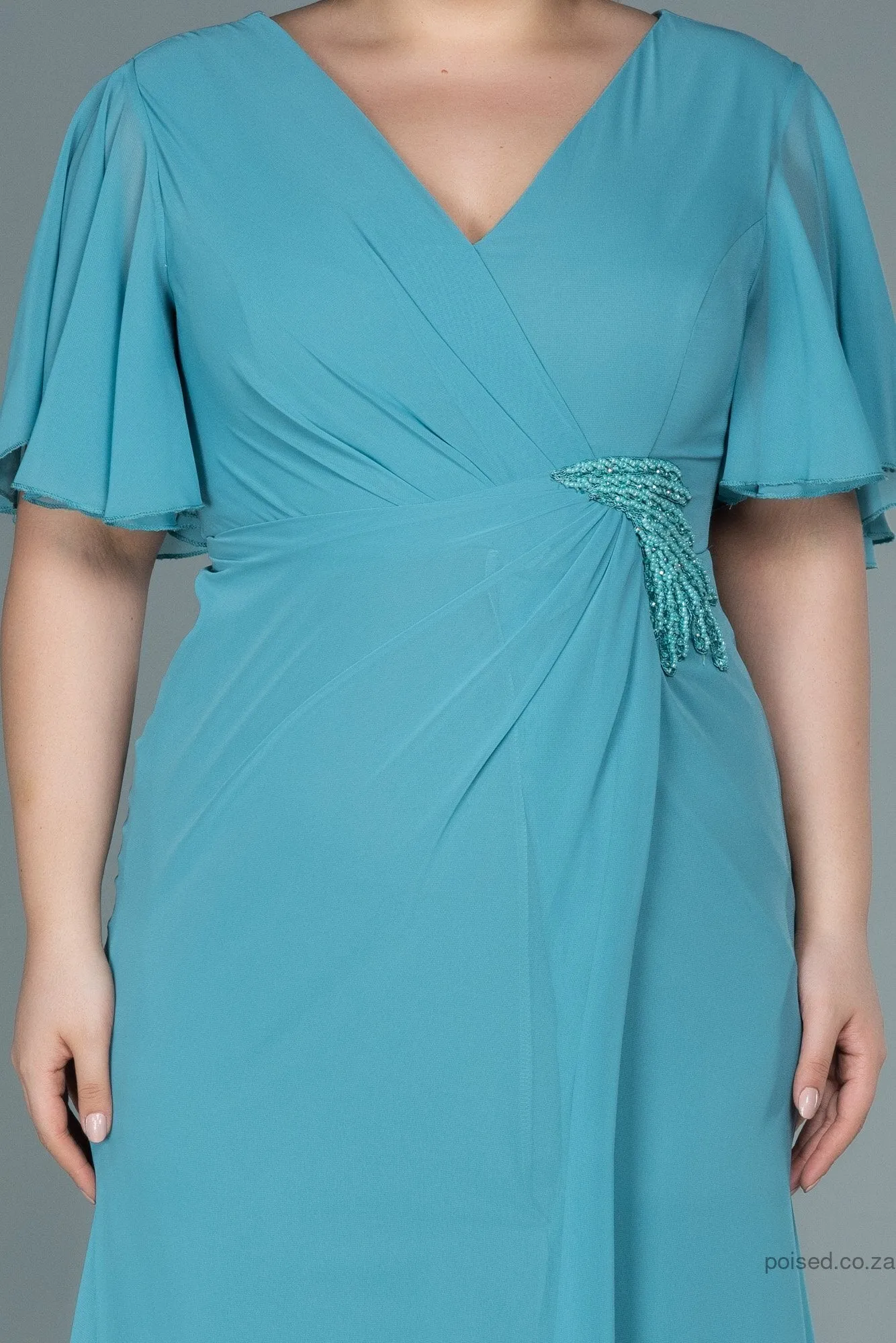 30030 Mint Green Draped Wrap Slit Chiffon Dress