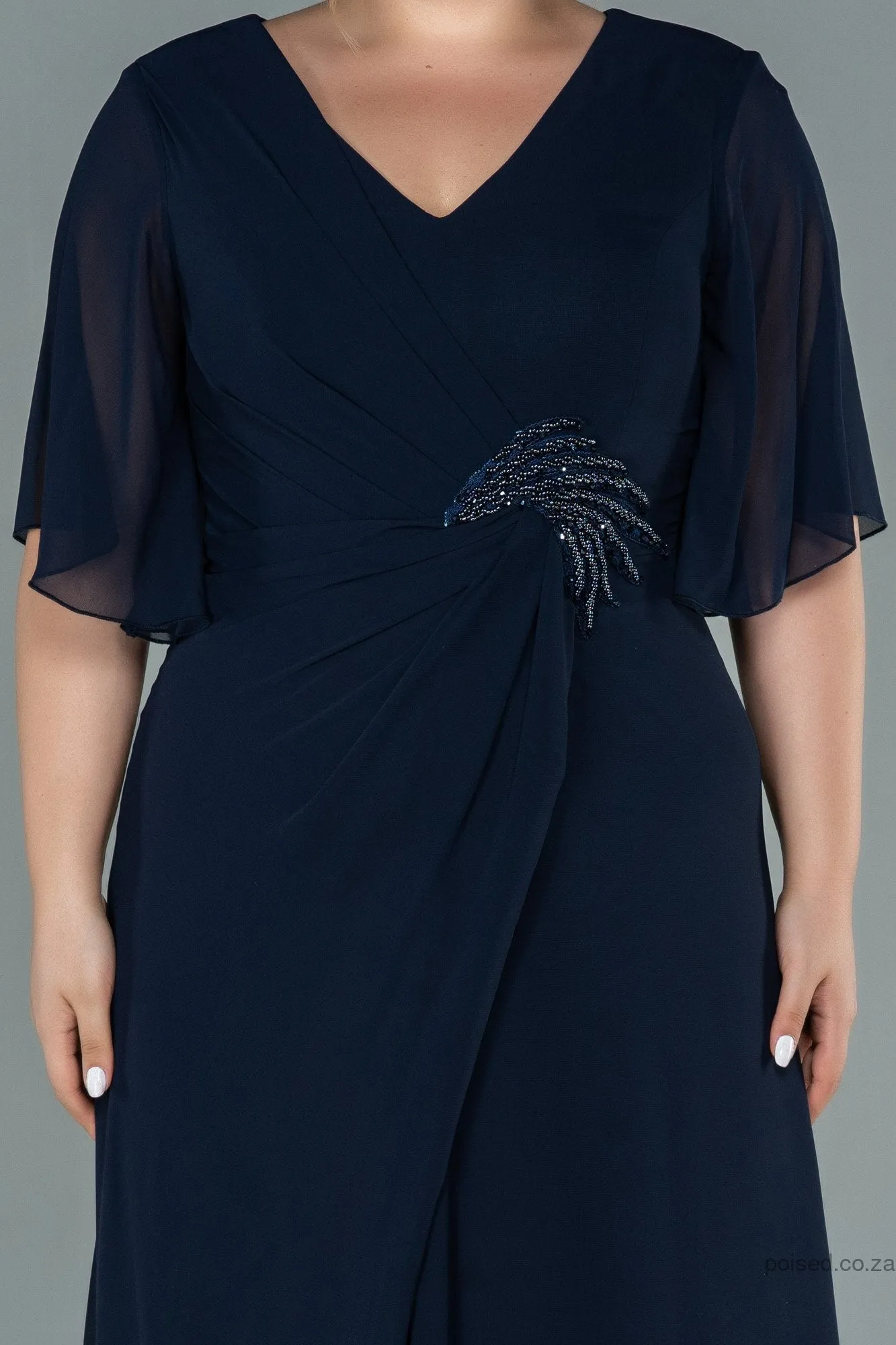 30034 Navy Blue Draped Wrap Slit Chiffon Dress