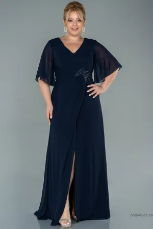 30034 Navy Blue Draped Wrap Slit Chiffon Dress