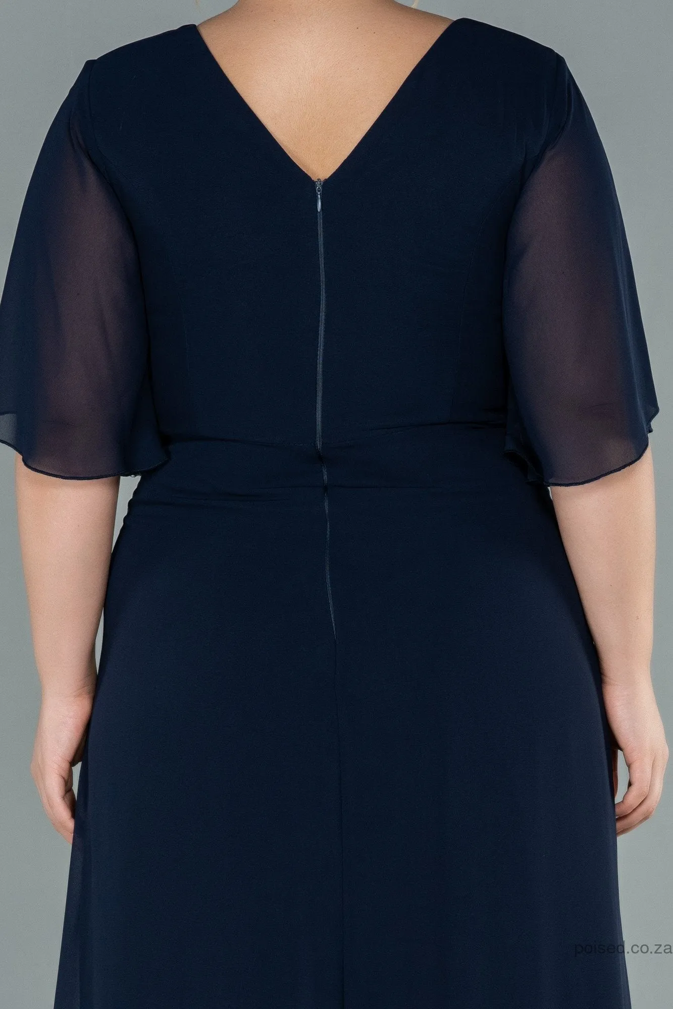 30034 Navy Blue Draped Wrap Slit Chiffon Dress