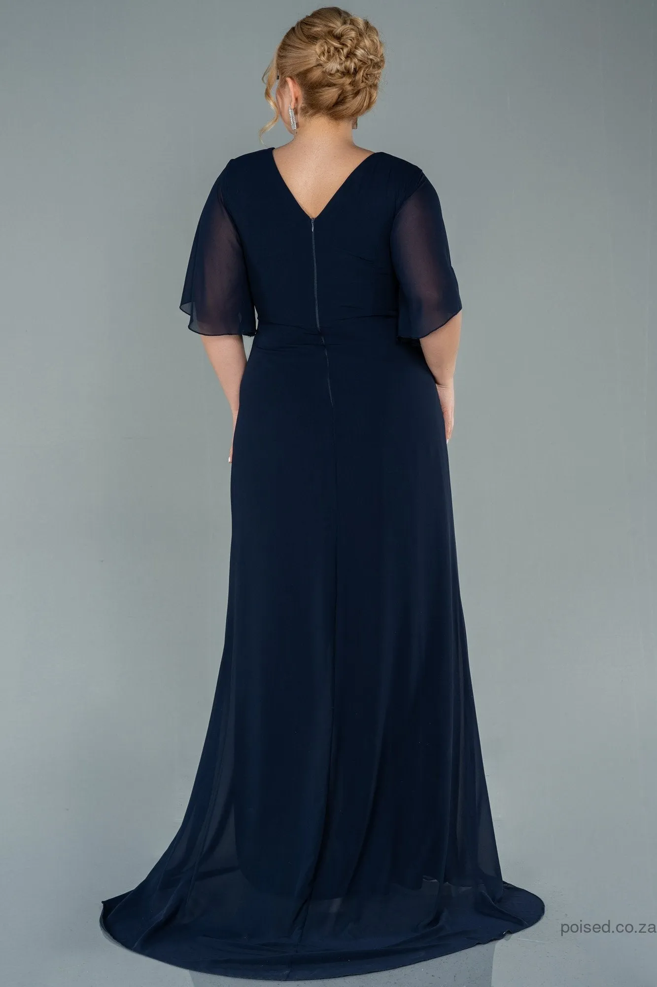 30034 Navy Blue Draped Wrap Slit Chiffon Dress