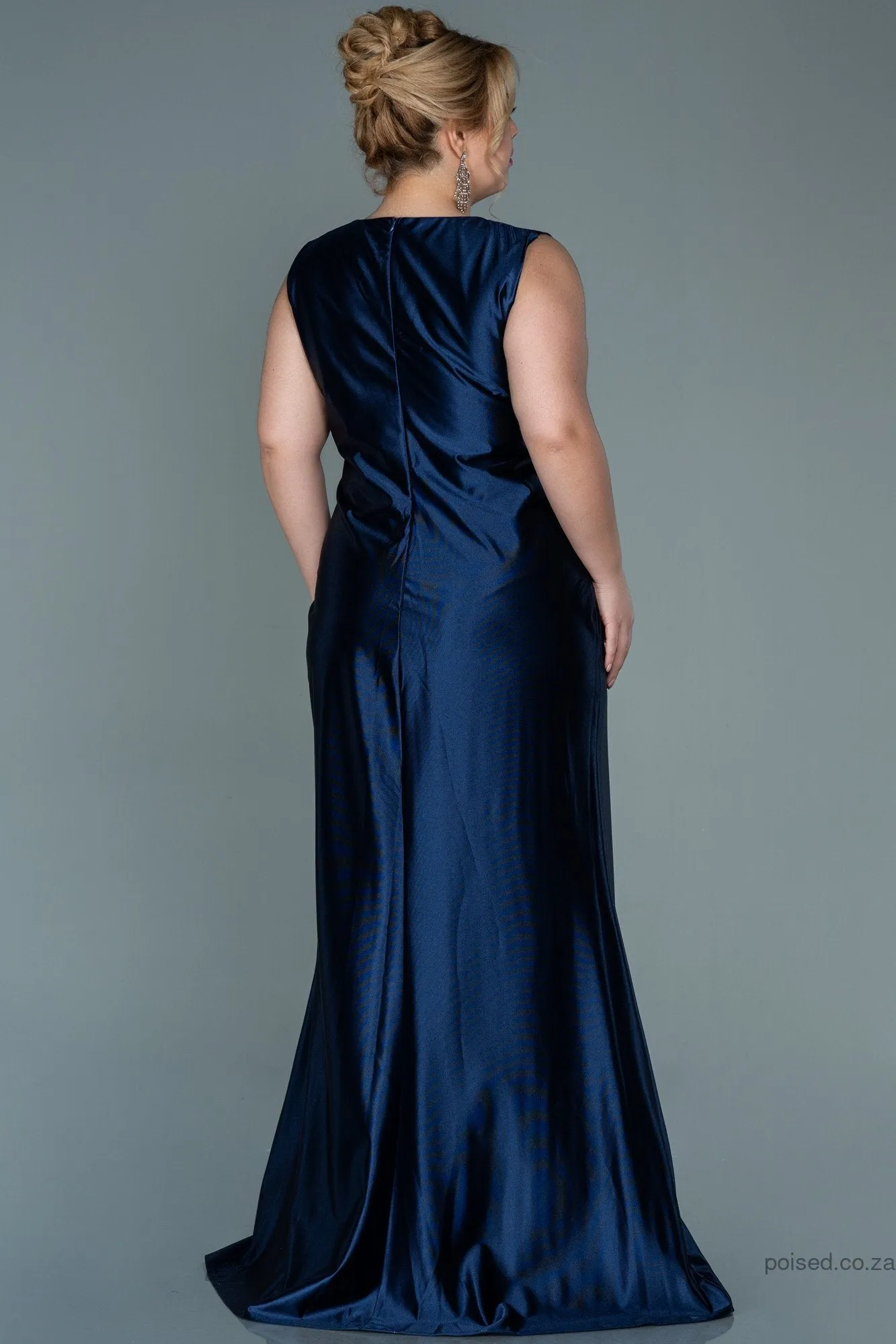 30040 Navy Blue Draped Satin Dress