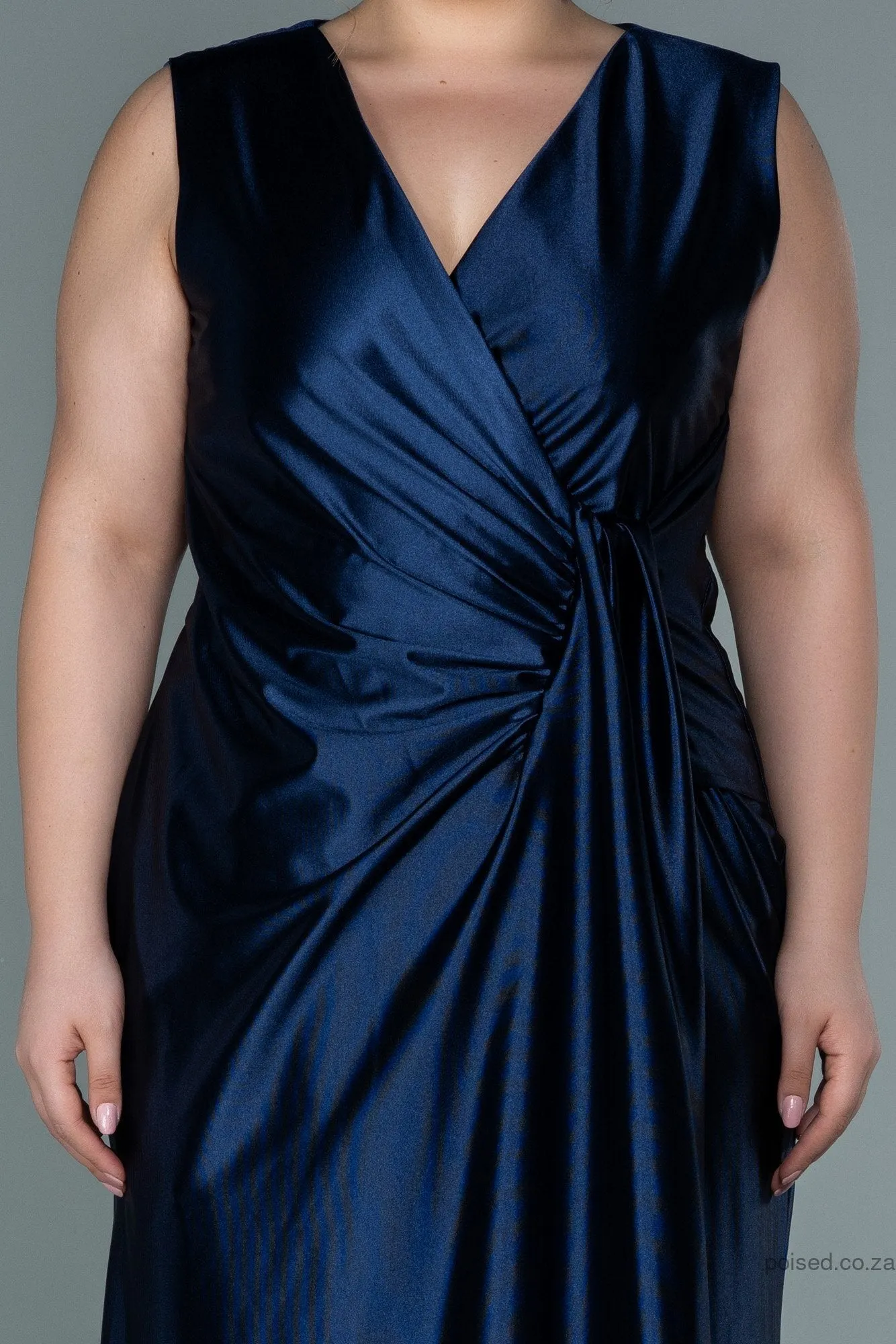 30040 Navy Blue Draped Satin Dress