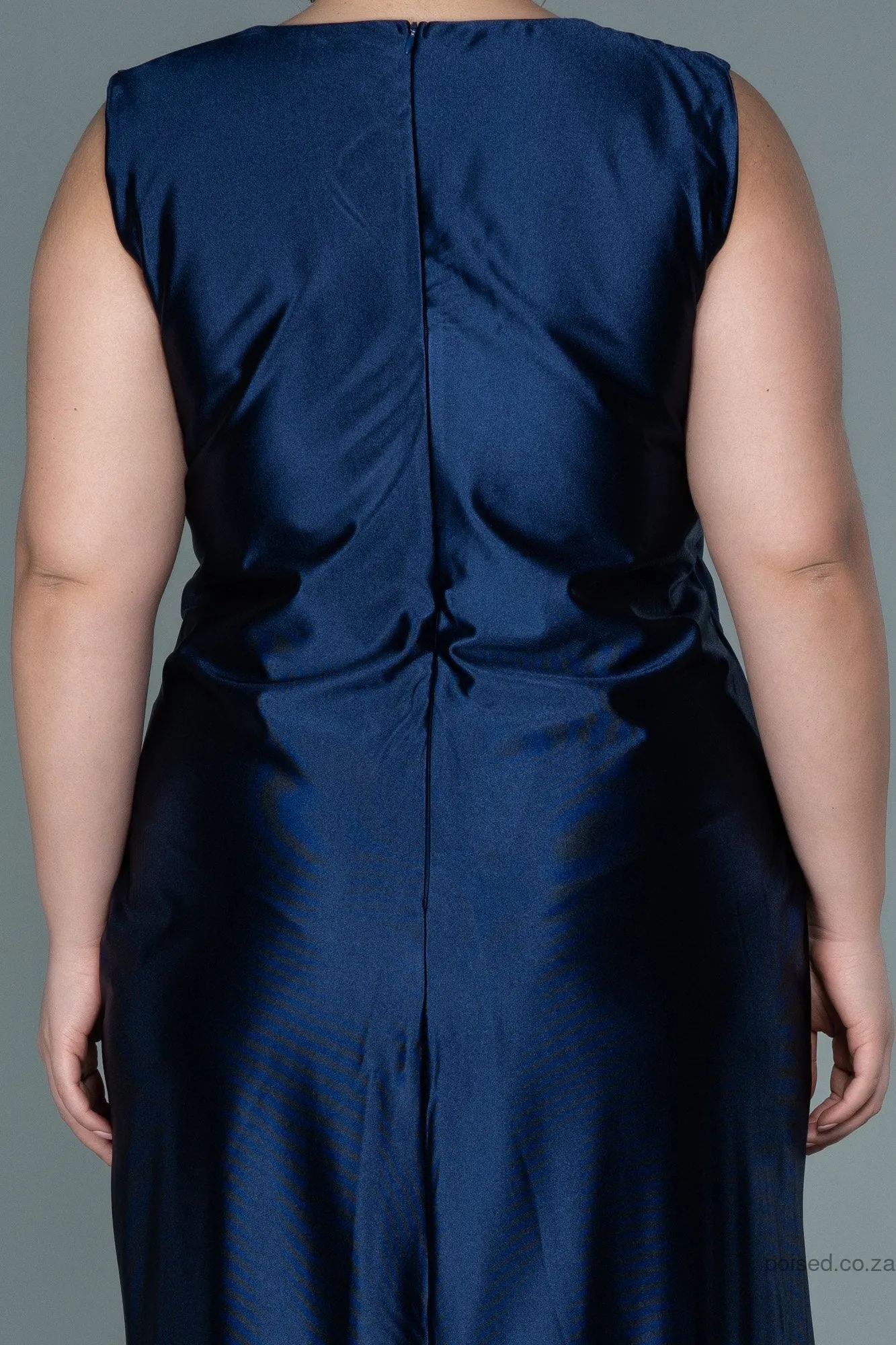 30040 Navy Blue Draped Satin Dress