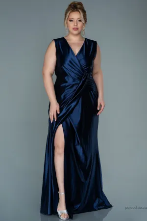 30040 Navy Blue Draped Satin Dress