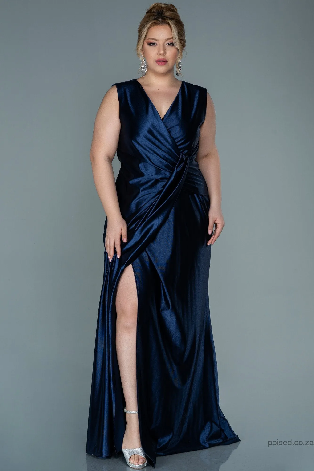 30040 Navy Blue Draped Satin Dress
