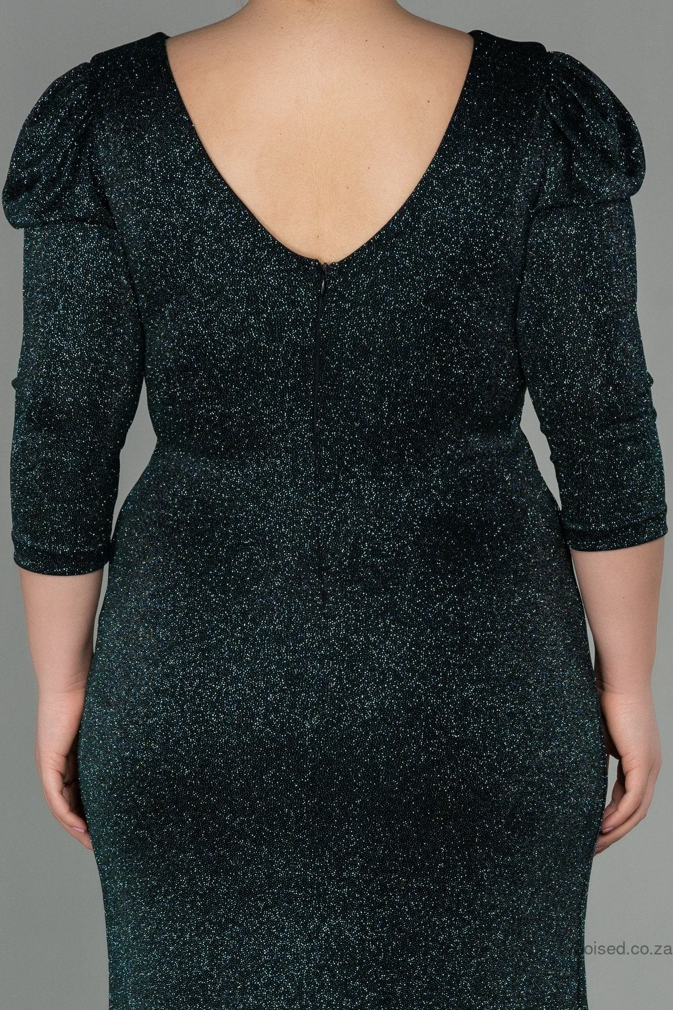 30047 Green Draped Back Train Slit Dress