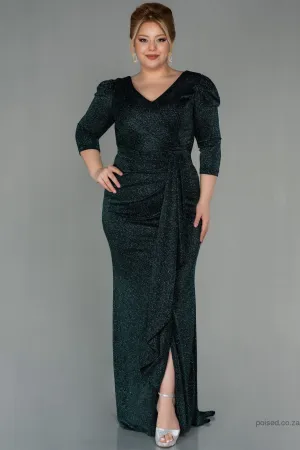 30047 Green Draped Back Train Slit Dress