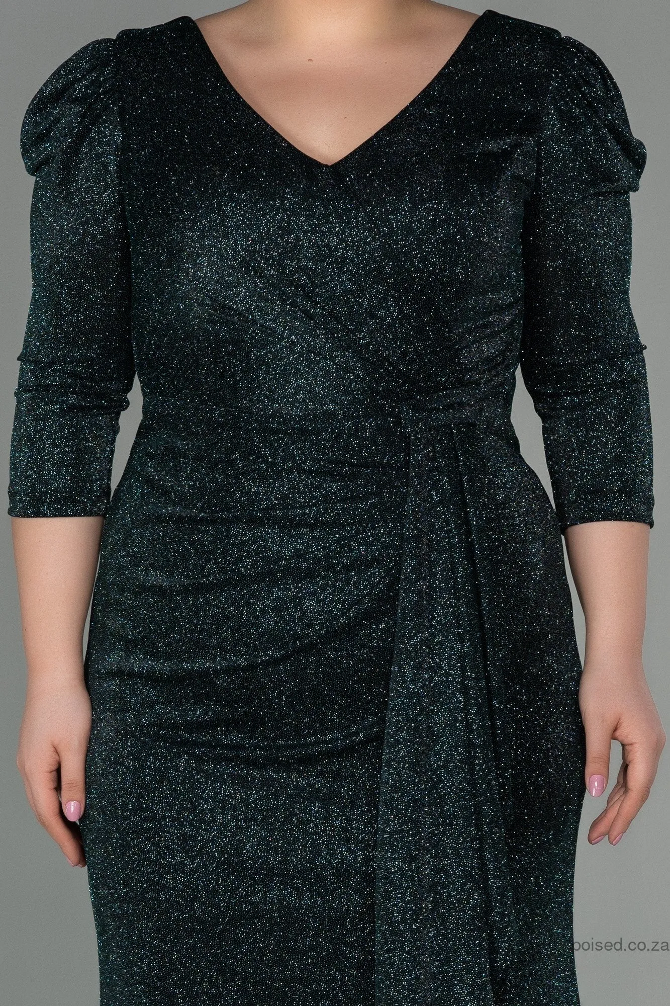 30047 Green Draped Back Train Slit Dress
