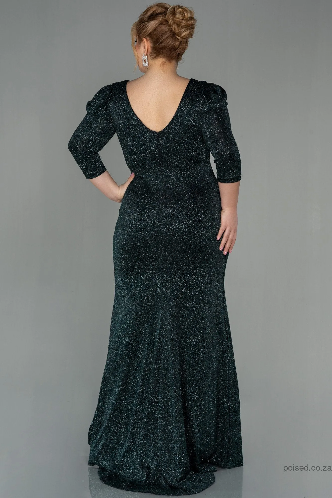 30047 Green Draped Back Train Slit Dress
