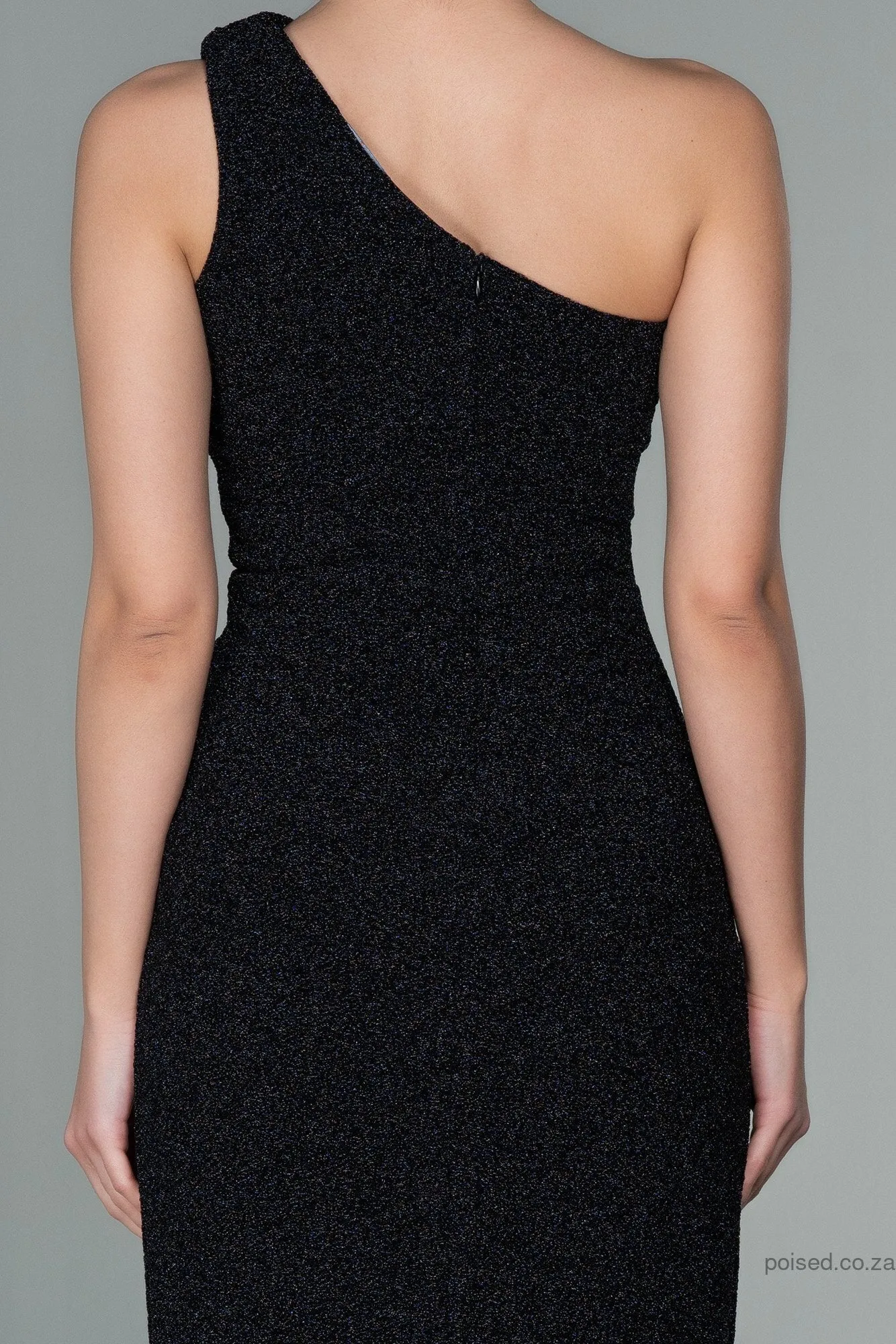 30104 Black Glittery Slit One Shoulder Dress
