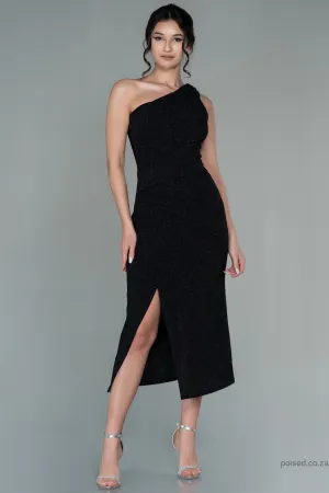30104 Black Glittery Slit One Shoulder Dress