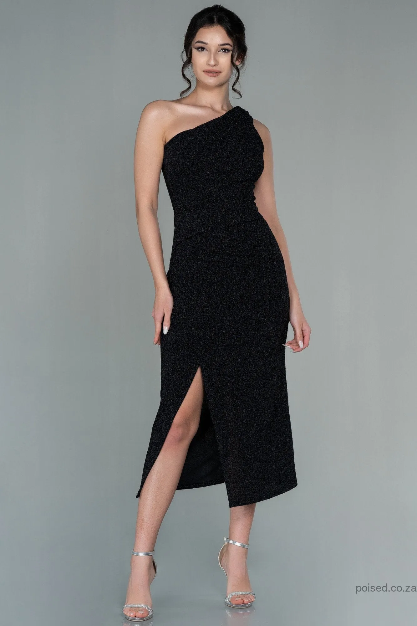 30104 Black Glittery Slit One Shoulder Dress