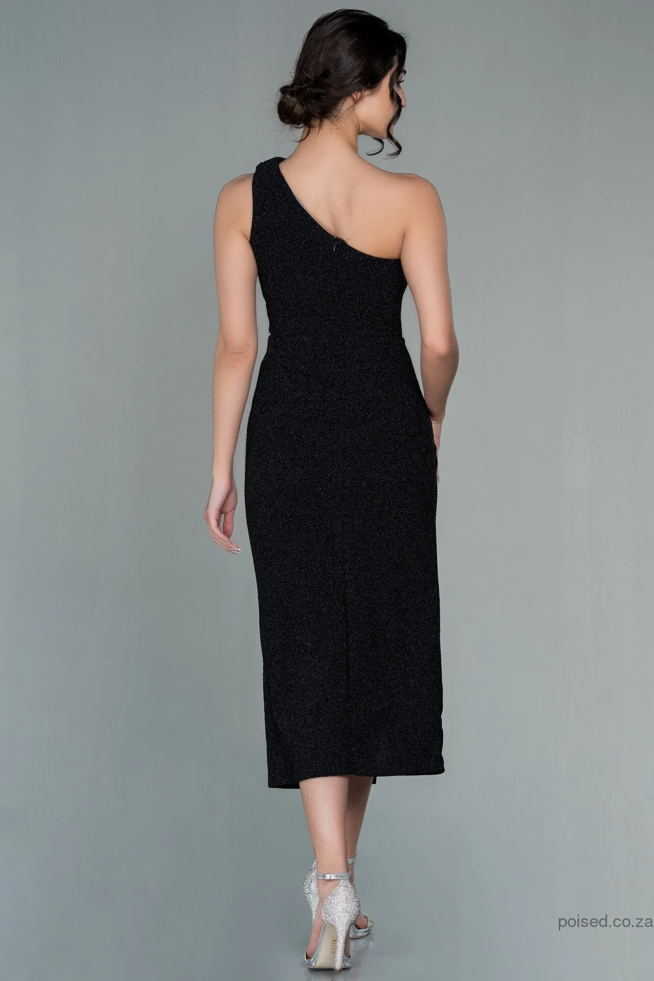 30104 Black Glittery Slit One Shoulder Dress