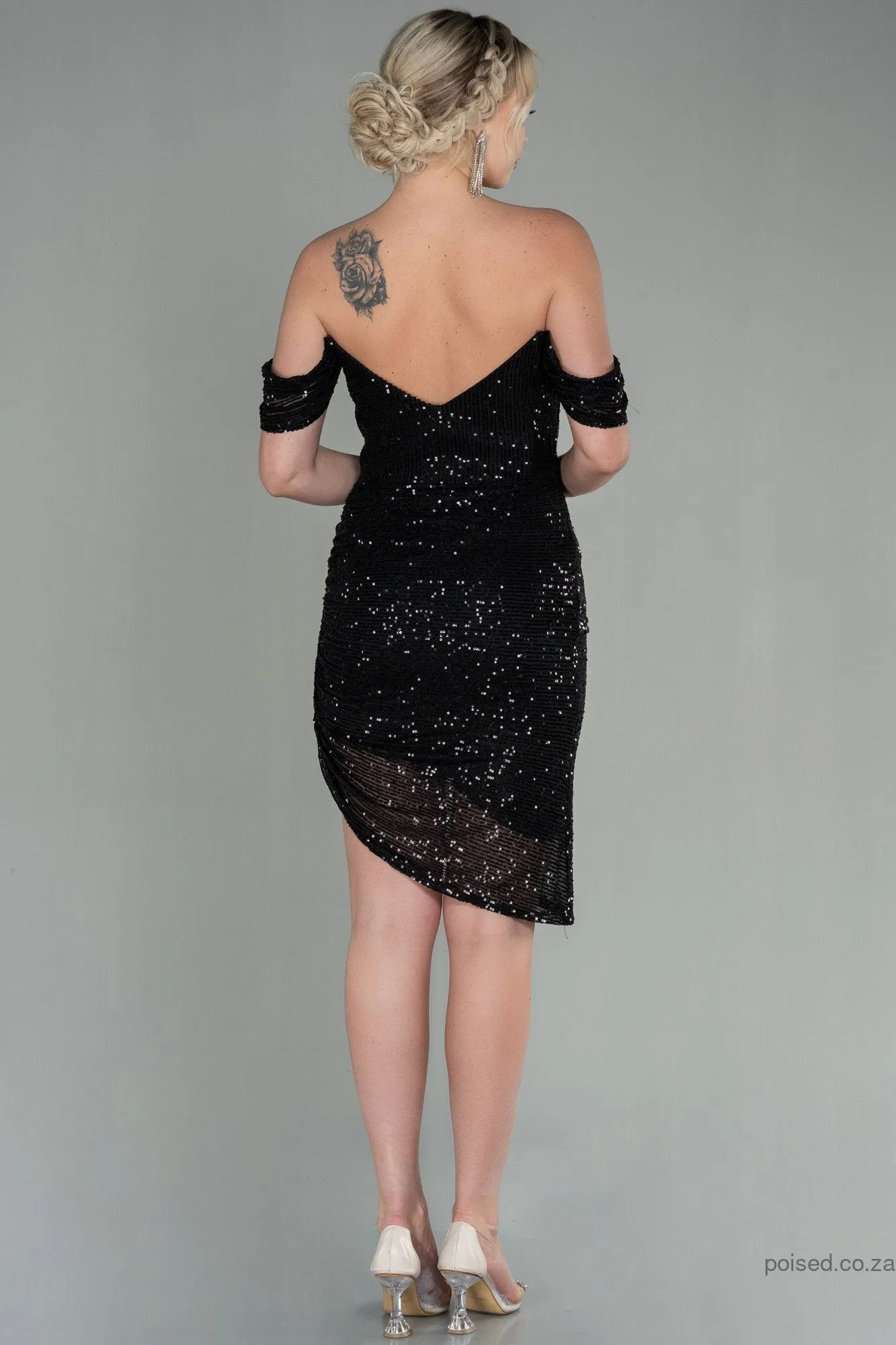 30122 Black Feather Detail Off-Shoulder Sequins Dress