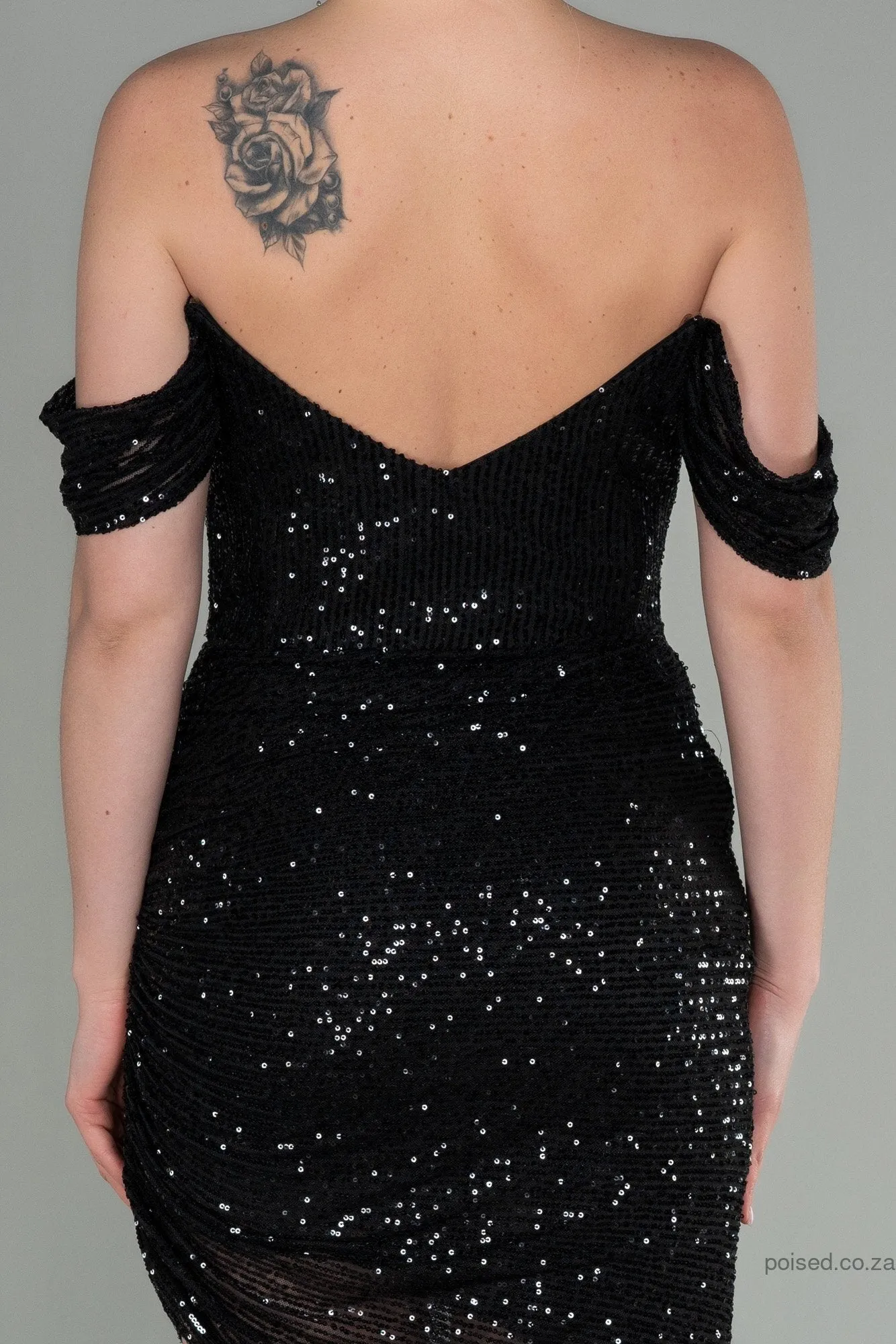 30122 Black Feather Detail Off-Shoulder Sequins Dress