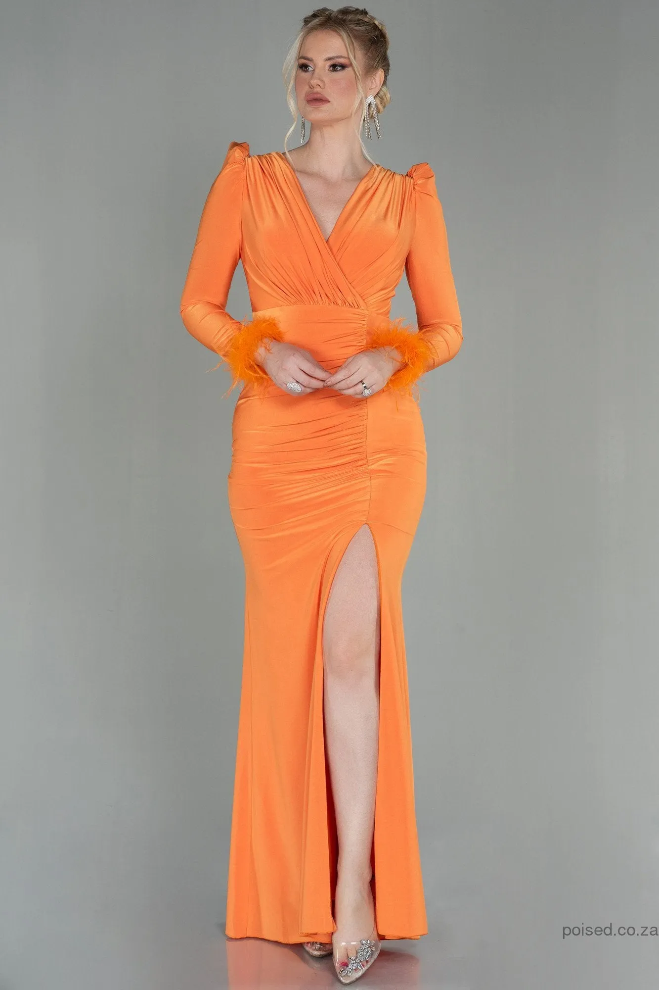 30133 Orange Feather Detail Draped Slit Dress