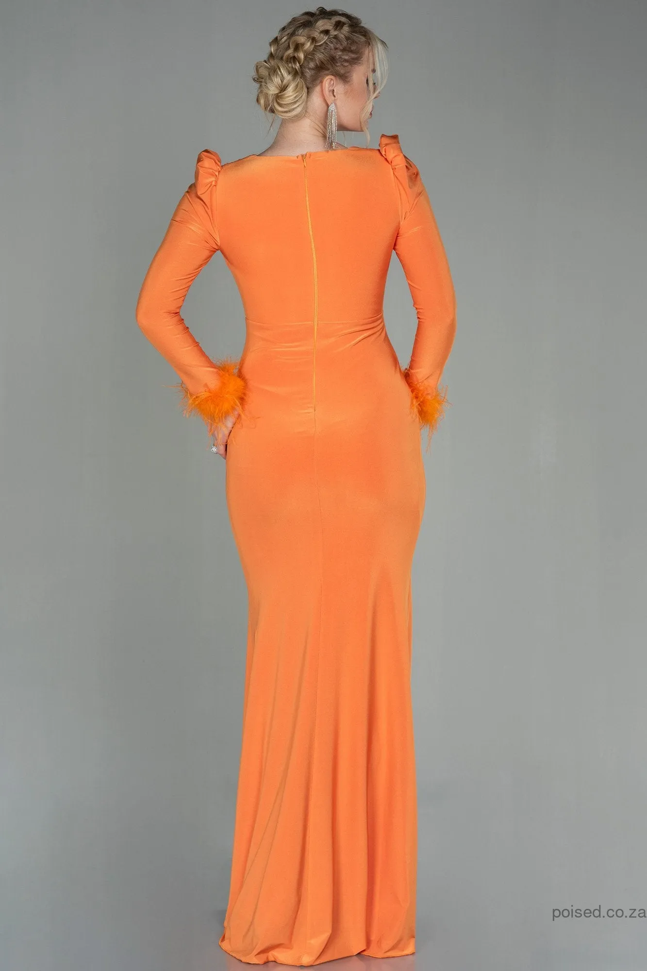 30133 Orange Feather Detail Draped Slit Dress