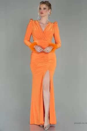 30133 Orange Feather Detail Draped Slit Dress