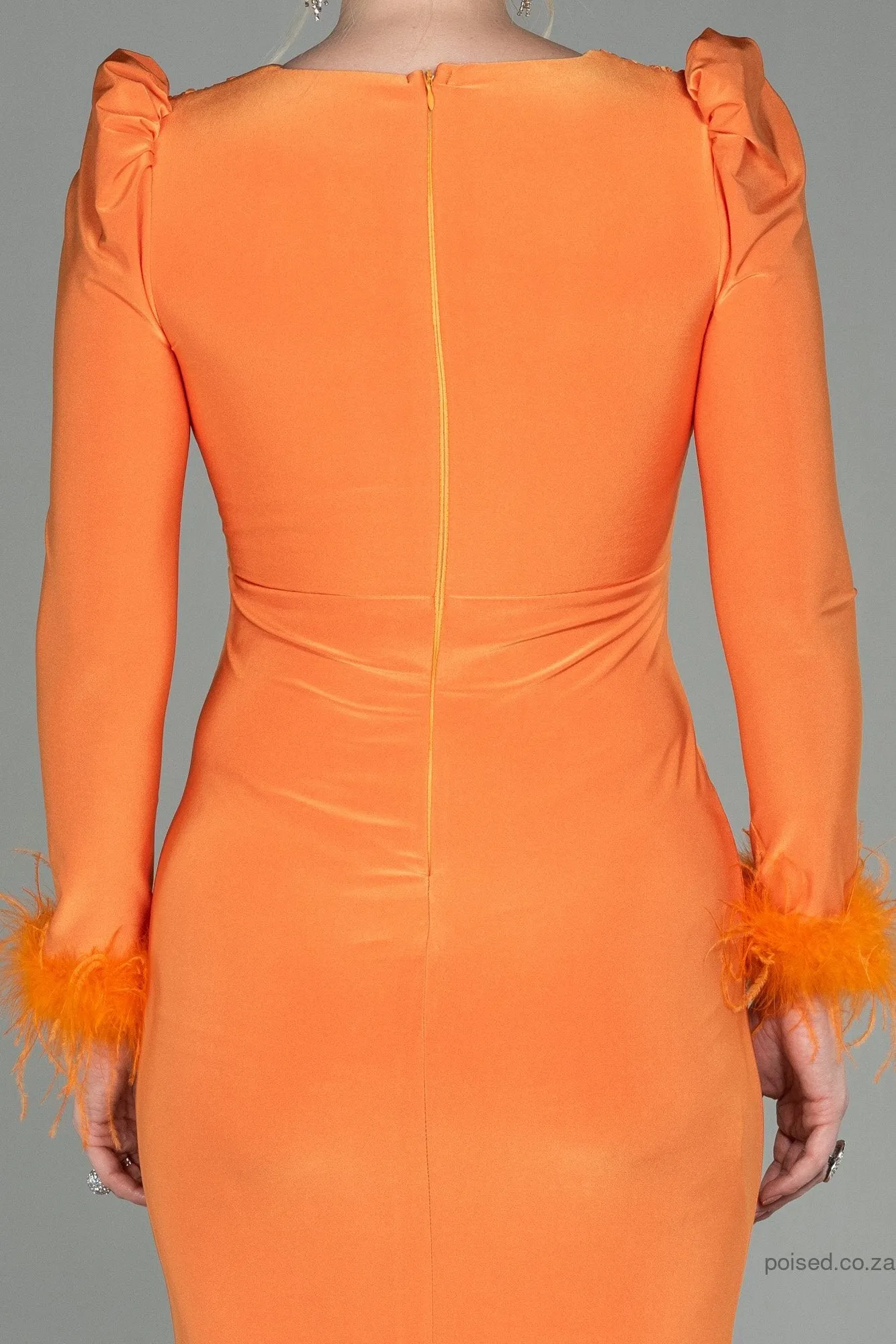30133 Orange Feather Detail Draped Slit Dress
