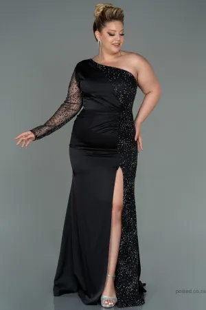 30140 Black Sequins Slit One Shoulder Dress