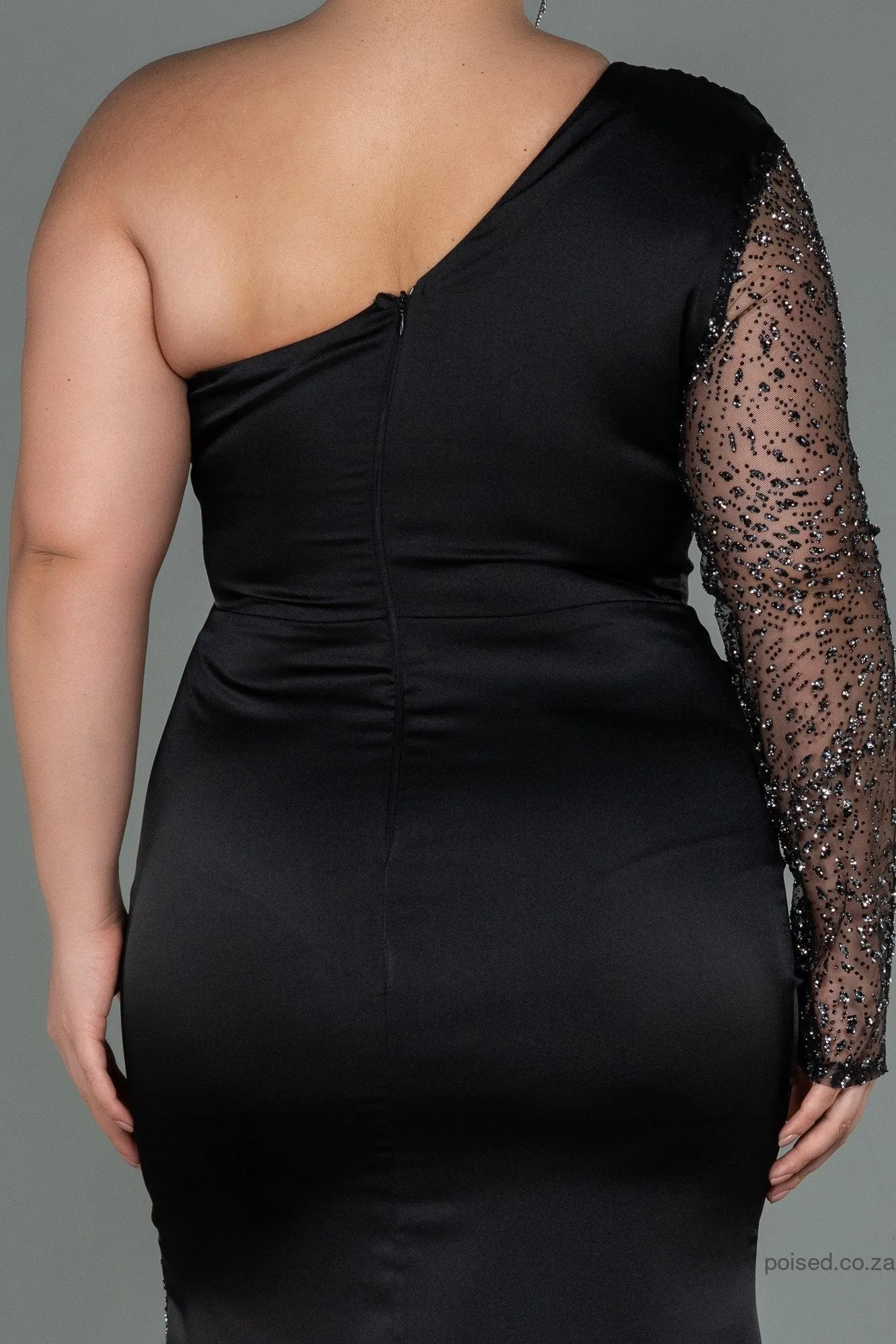 30140 Black Sequins Slit One Shoulder Dress