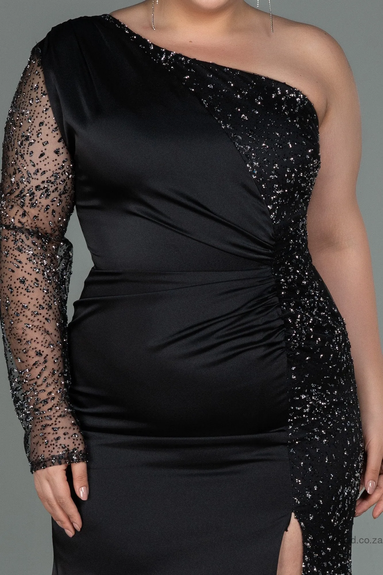 30140 Black Sequins Slit One Shoulder Dress