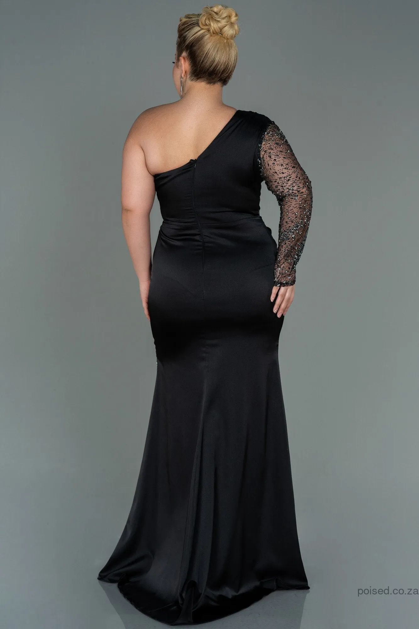 30140 Black Sequins Slit One Shoulder Dress