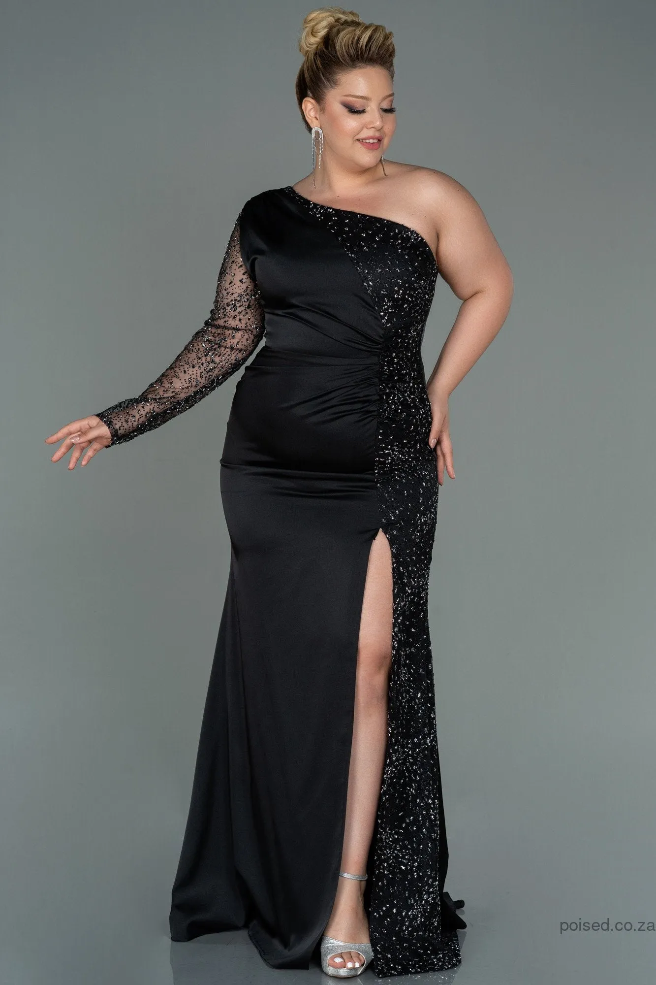 30140 Black Sequins Slit One Shoulder Dress