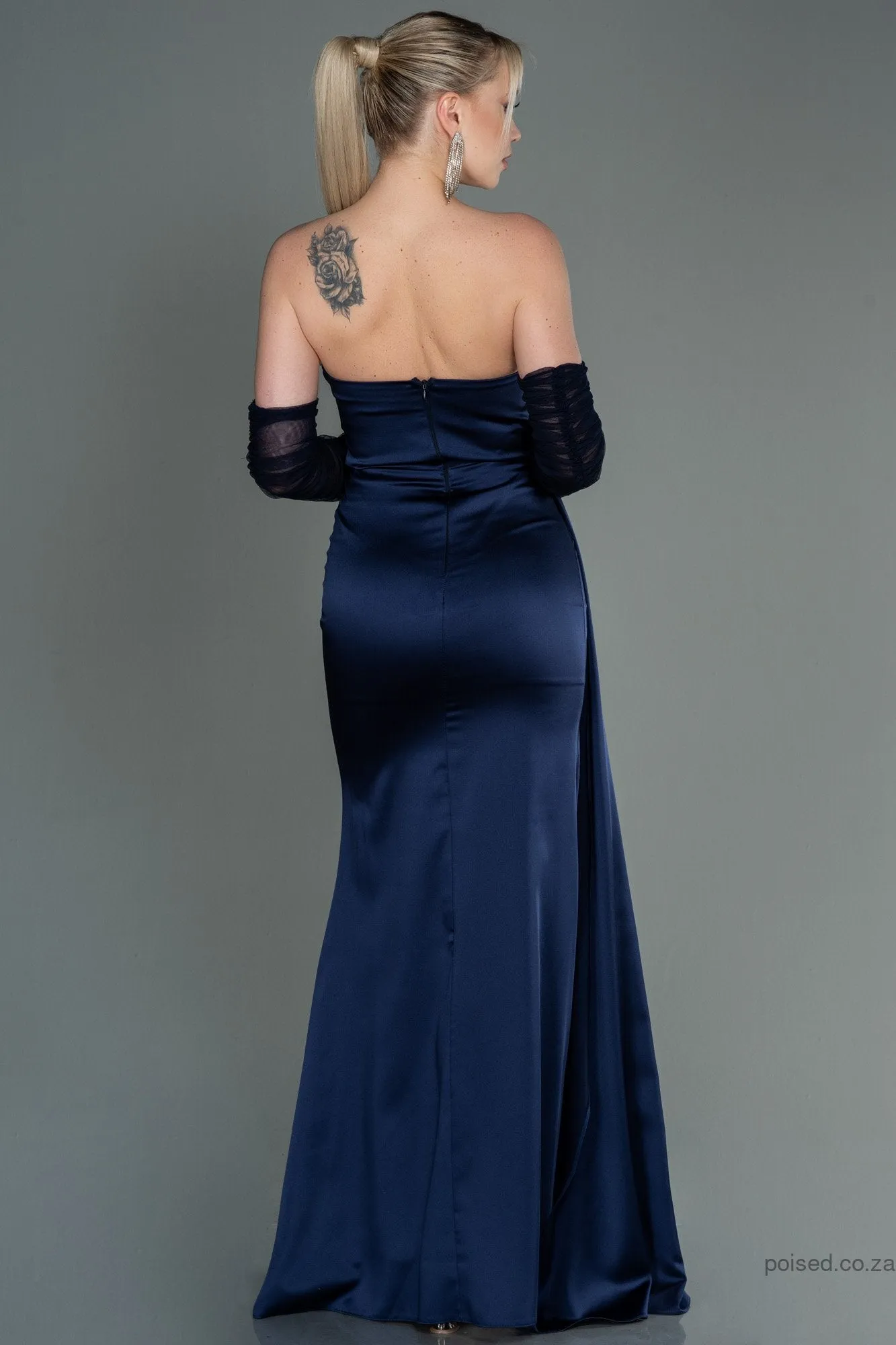 30175 Navy Blue Draped Slit Strapless Dress