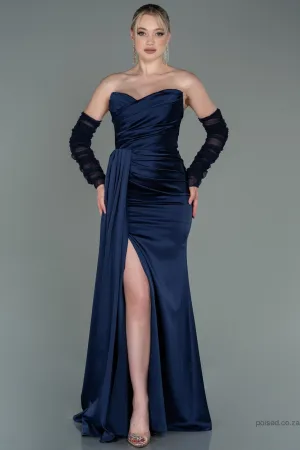 30175 Navy Blue Draped Slit Strapless Dress