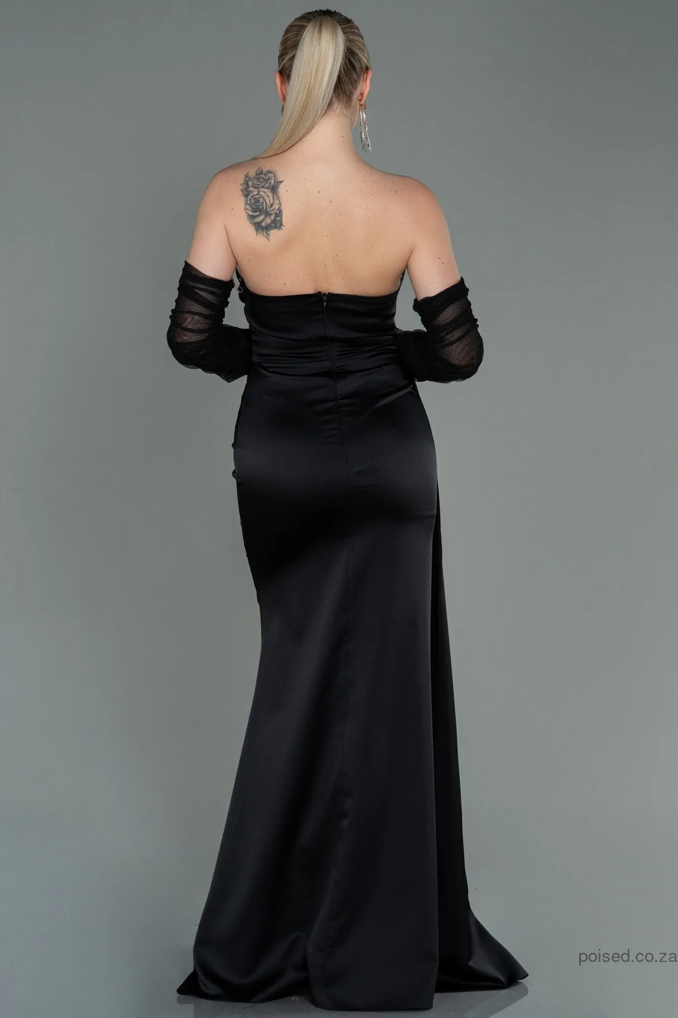 30179 Black Draped Slit Strapless Dress