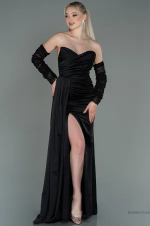 30179 Black Draped Slit Strapless Dress
