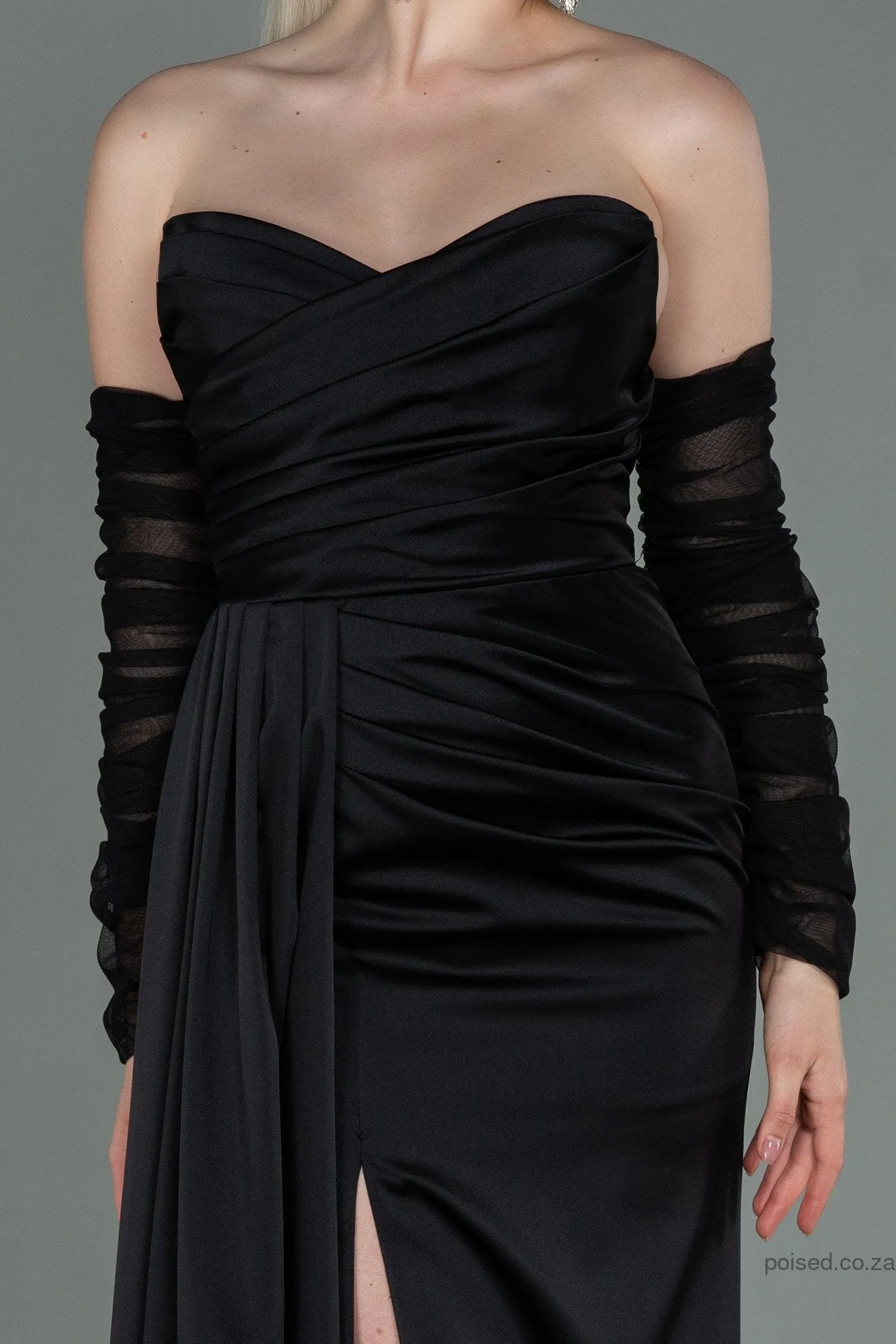 30179 Black Draped Slit Strapless Dress