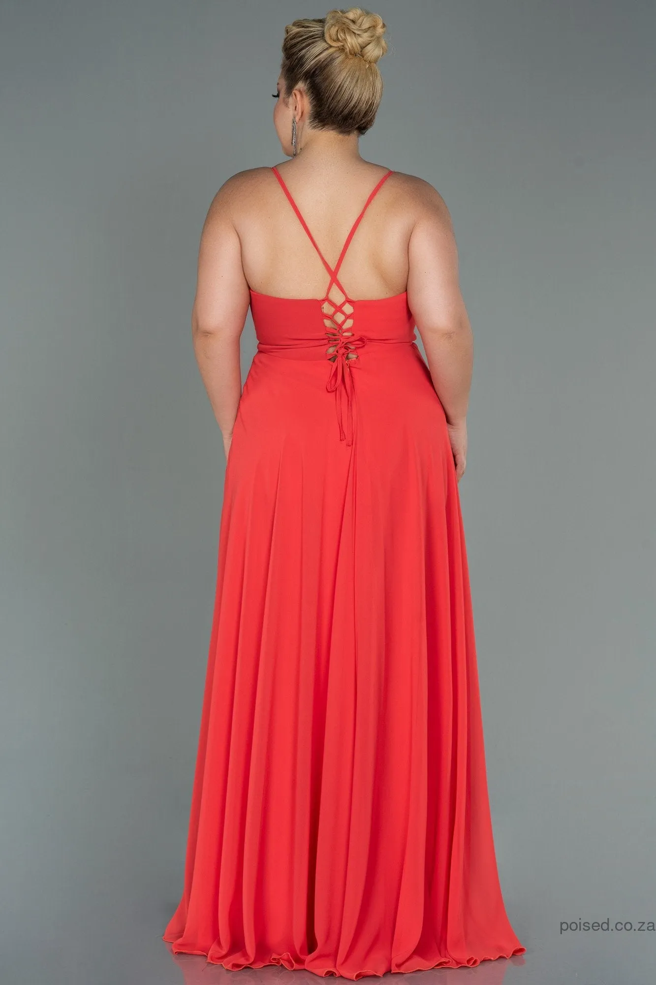 30206 Orange Back Cross Strap Slit Chiffon Dress