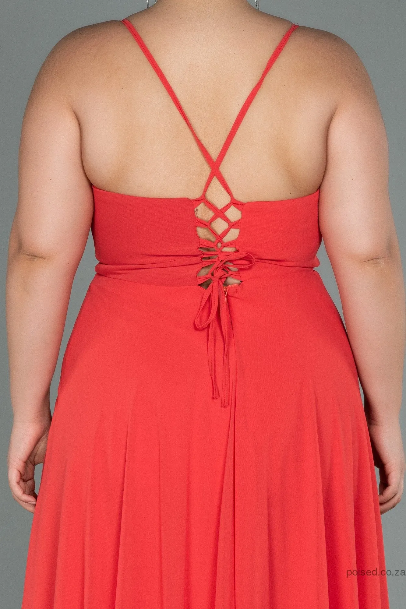 30206 Orange Back Cross Strap Slit Chiffon Dress