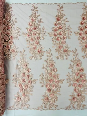 3D Floral Design Embroider and Beaded With Rhinestones on a Mesh Lace-Prom-Fashion-Sold by Yard. Dusty Rose