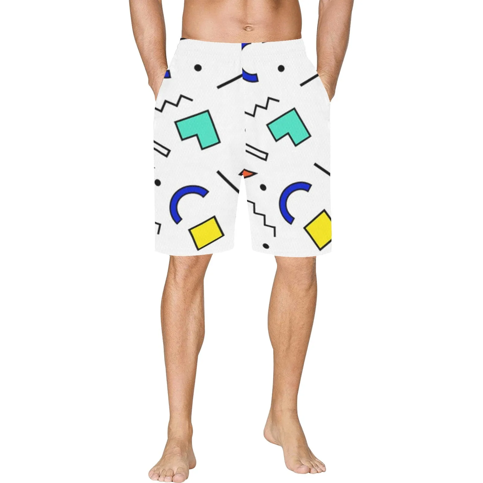 90s White Design Pattern All Over Print Basketball Shorts With Pockets