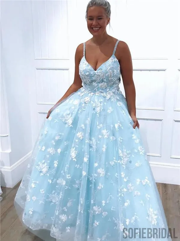 A-line Floor-length Spaghetti Straps V-neck Appliques Long Prom Dresses, PD0108