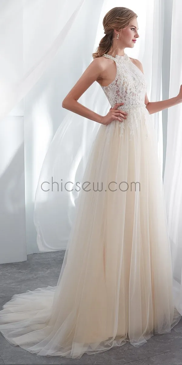 A-line Halter Lace Tulle Dream Long Romantic Pretty  Wedding Dresses With Bead ,Ball Gown LMX1152