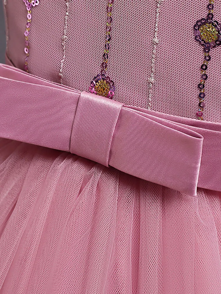 A-Line Jewel Neck Sleeveless Red Bows Polyester Sequined Tulle Polyester Cotton Kids Social Party Dresses Princess Dress