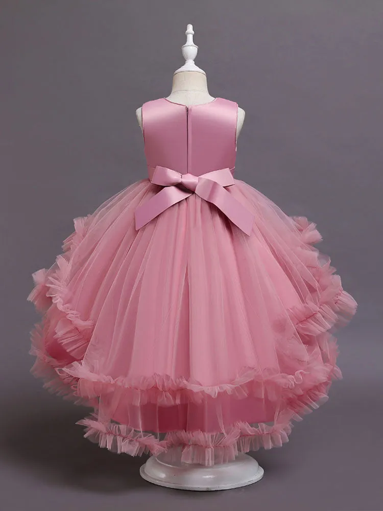A-Line Jewel Neck Sleeveless Red Bows Polyester Sequined Tulle Polyester Cotton Kids Social Party Dresses Princess Dress