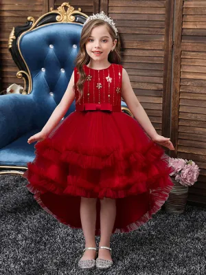A-Line Jewel Neck Sleeveless Red Bows Polyester Sequined Tulle Polyester Cotton Kids Social Party Dresses Princess Dress