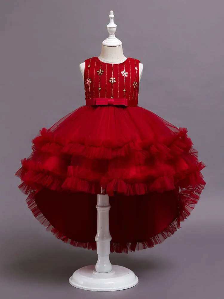 A-Line Jewel Neck Sleeveless Red Bows Polyester Sequined Tulle Polyester Cotton Kids Social Party Dresses Princess Dress