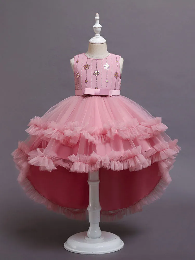 A-Line Jewel Neck Sleeveless Red Bows Polyester Sequined Tulle Polyester Cotton Kids Social Party Dresses Princess Dress