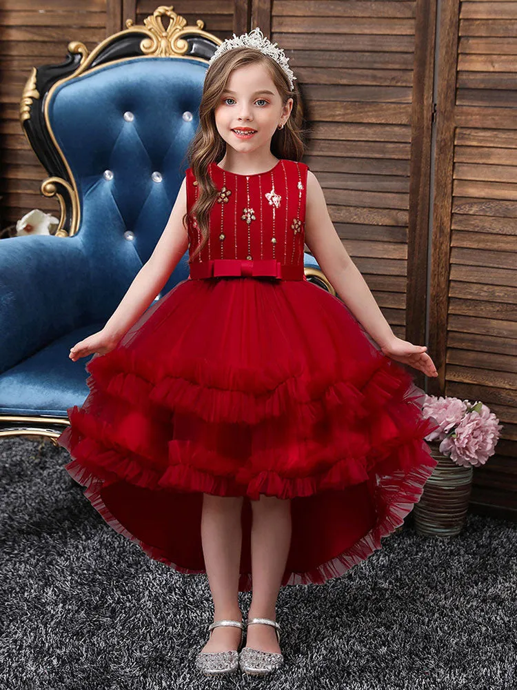 A-Line Jewel Neck Sleeveless Red Bows Polyester Sequined Tulle Polyester Cotton Kids Social Party Dresses Princess Dress