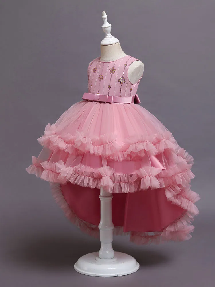 A-Line Jewel Neck Sleeveless Red Bows Polyester Sequined Tulle Polyester Cotton Kids Social Party Dresses Princess Dress