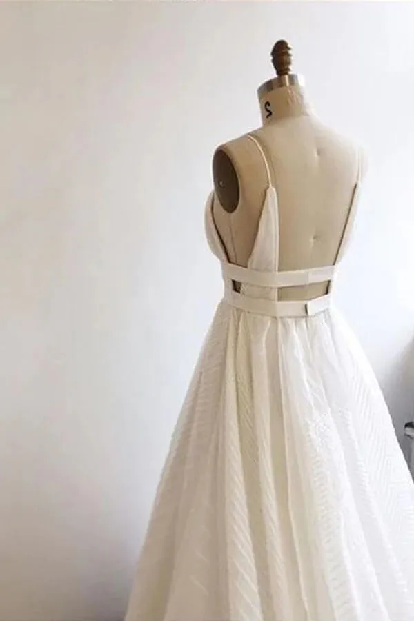 A-line Lace V-neck Backless Prom Dresses With Court Train, Party Dress, MP771